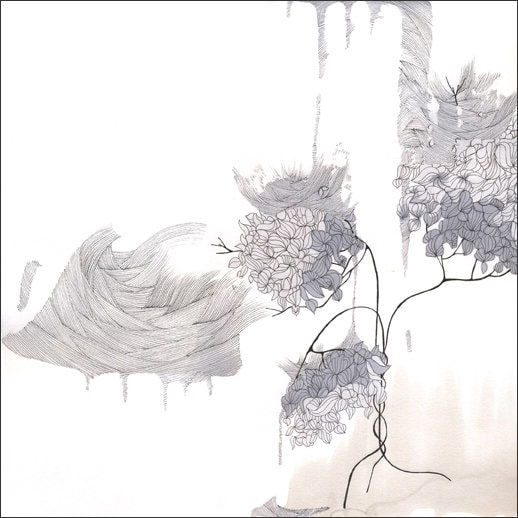 Mixed media piece of a large thin tree with three branched out top sections. All three are detailed with fine line black ink flowy leaf clusters and are colored with a grayscale wash. Two of the sections lean and slouch down to the left of the piece toward a floating feathery braided dripping cloud like form