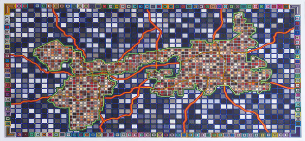 Various gray-scale squares surround the geographic silhouette of Texas’s thirty third voting district which is highlighted by a bright green border and filled with smaller earth toned squares Thin bright orange trails cut through these squares and thicken as they enter the gray area