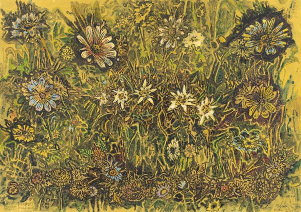 Against a gold background, a cluster of different types of flowers are depicted in a graffiti-like style.
