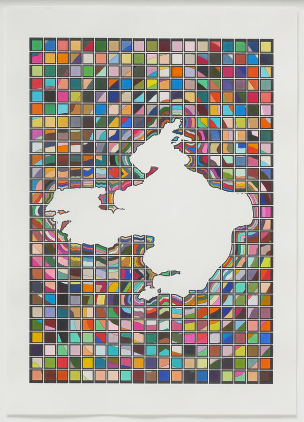 Multicolored grid drawing with large, irregular shaped white space in the middle. Multicolored squares create a radiating effect away from the white space