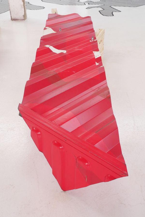 LOT-EK #14 Rectangle Side+Top Extra Long Table/Bench, 2023 steel, paint, wood 18 x 159 x 31 in 45.7 x 403.9 x 78.7 cm Located in New York