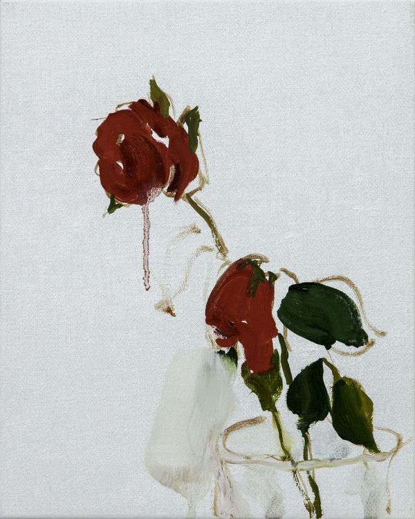 Two red roses in vase to the right side of the canvas against exposed linen background. Bottom of vase is cropped out of the composition.