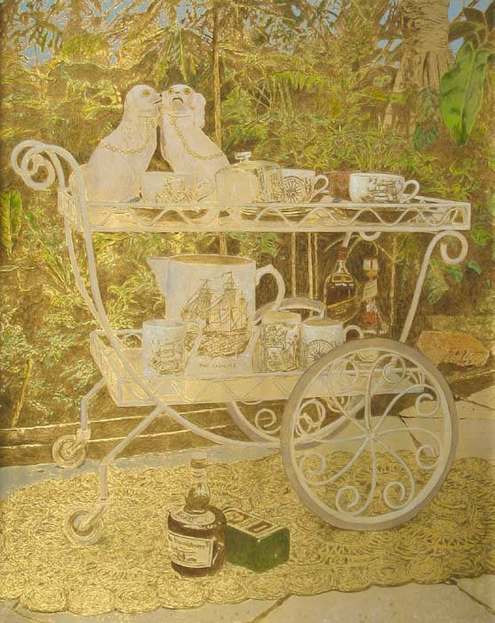 Old-fashioned bar cart with mugs featuring nautical imagery, bottles of alcohol and a sculpture of two dogs stands on a gold patterned mat in front of a background of foliage. Scene is painted in sepia and metallic tones.