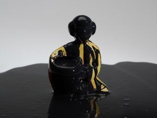 Duraflex digital photograph of a porcelain human figurine with a yellow dress. The figurine holds a bowl which appears to have overflowed with black paint. The paint completely covers the face of the figurine and the majority of its body while also pooling beneath it