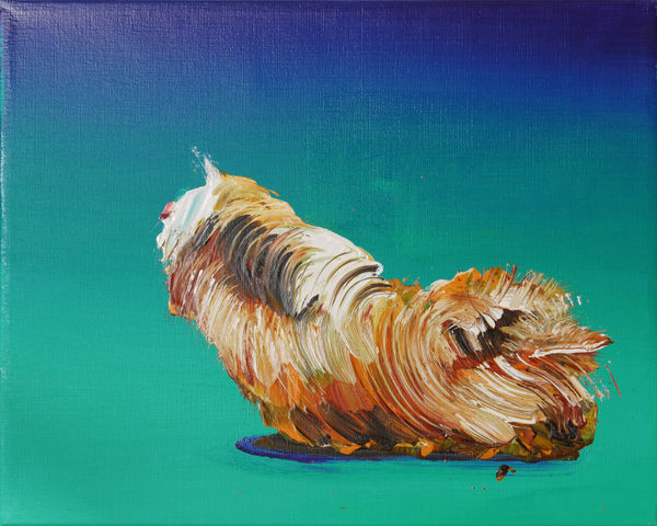 Guinea pig facing away from viewers against blue and green background has abstracted fur made of graphic brushstrokes.