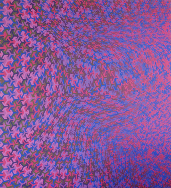 Vibrant pink tinted painting with red pink green and blue asterisk shaped forms morphing and moving in waves against each other