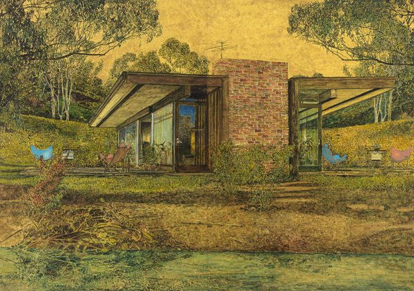 Single-story modern home with glass walls, large wooden awnings and brick fireplace is depicted from a side view. Bright lounge chairs are on patio with decaying lawn out front.