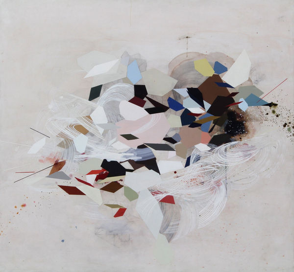 Abstract mixed media piece of a central mass made out of layered and interconnecting multicolored geometric patterns, paint splotches, and white loops against a light beige background