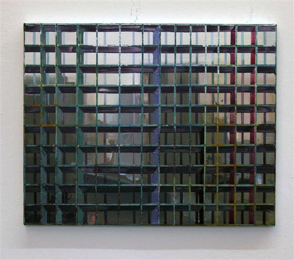 Blurry green and blue landscape with faded shapes that allude to high rise buildings A dark grid of alternating thin and thick horizontal and vertical lines form the illusion of foreground scaffolding