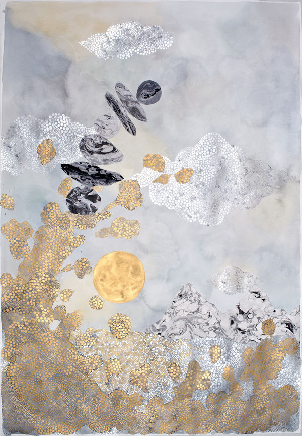 Mixed media landscape of a stack of black and white marbled stones being carried by a gushing geyser of gold pointillism liquid. In the sky are several silver metallic pointillism clouds and a low hanging god metallic moon A small black and white marble range is visible towards the bottom right