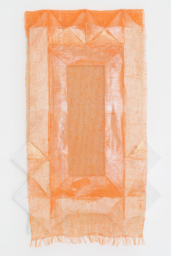 Ricki Dwyer Shadow Play, 2022 linen, silver tape, chip board 33 x 22 x 5 in 83.8 x 55.9 x 12.7 cm