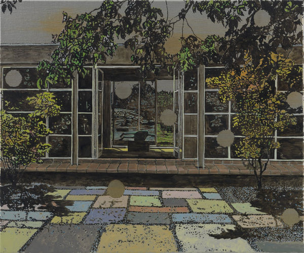 Trees hang over single story modern glass building with colorful rectangular pattern in front yard underneath gray and orange sky. Orange and gray circles float over house and yard, obscuring parts of the scene.