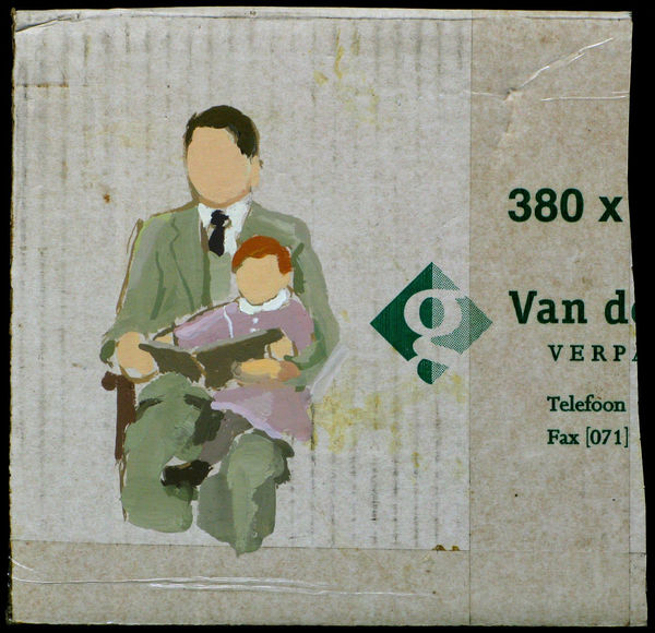 On surface of exposed cardboard with writing, faceless man in suit sits in chair with faceless daughter on his lap, helping her read.