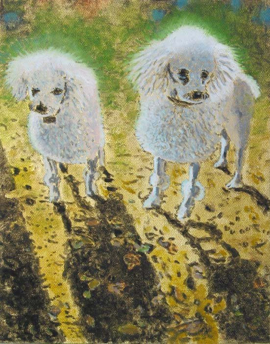 Two poodles are surrounded by a green glow and cast shadows against spotted gold ground.
