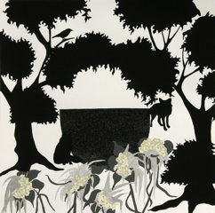 Mixed media piece depicting a black silhouetted forest scene with two large trees, a bird and two wolves surrounding a large upside down semi-circle which is located at the center of the piece. Below the trees animals and upside semi-circle five dark and light green flowers sprout out from the ground