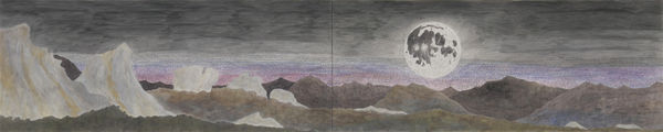 Panorama view of mountain scape with moon in purple night sky. The purple sky has words written into it.