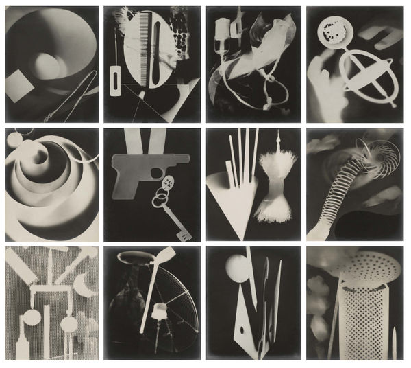 Grid of 12 surreal Rayographs from Champs Delicieux portfolio by Man Ray