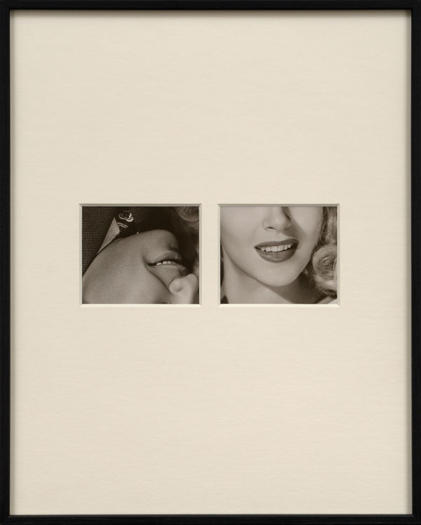 Framed photograph with overmat and two window cutouts showing upside down male face and right side up female face by Sissi Farassat
