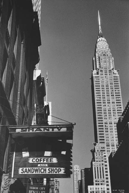 Chrysler Building and sign for coffee and sandwich shop by Ilse Bing