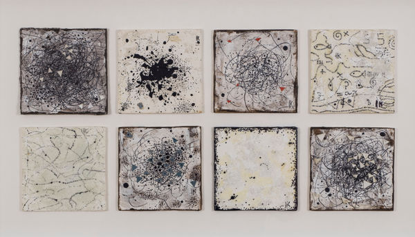 Ides Kihlen Sin titulo (Set of 8), 2000 Acrylic and paper collage on canvas 5 1/8 x 5 1/8 in 13 x 13 cm (each)