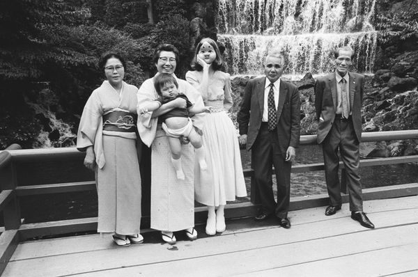 Hideoki, Okame with the Japanese people next to her mother-in-law and baby Mitsu, Japan, 1973