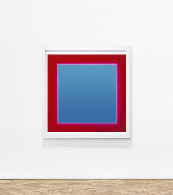 Garry Fabian Miller The Colour Field: red embraces blue, 2021 Light, water, Lambda c-type print from unique dye destruction print edition of 3 with 2 APs. This is AP1. 106 x 106 cm 41 3/4 x 41 3/4 in (print) 127 x 127 x 7.6 cm 50 x 50 x 3 in (framed)