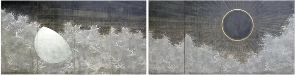 Ken Matsubara Sun Moon Sky Sea 「日月空海」, 2025 Pair of four-panel folding screens