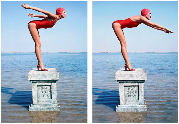 Norman Parkinson, Jerry Hall diving in the USSR, for British Vogue, 1976