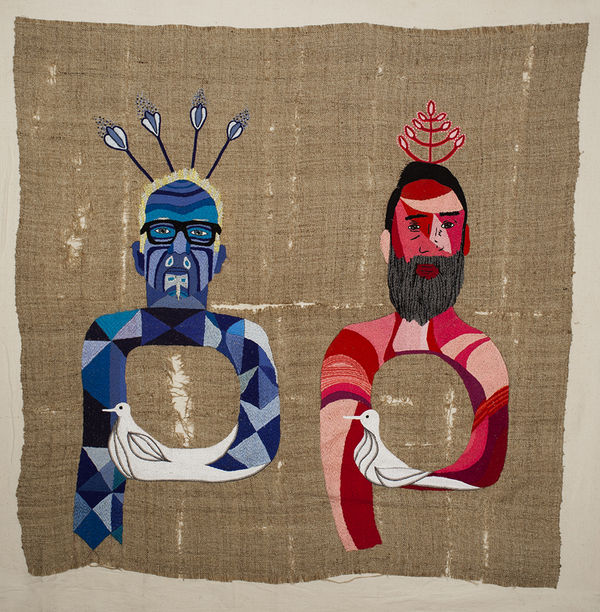 Chiachio & Giannone Paz (Tributo A Violeta Parra), 2016 Hand embroidery with cotton threads on Hessian fabric 160 x 160 cm