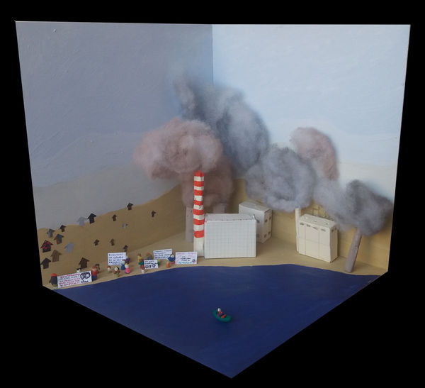 Fernanda Núñez Memoria Fabricada - Emergencia Ambiental Puchuncaví, 2019 Clay, tempera, cardboard and recycled objects on MDF 25 x 25 x 25 cm