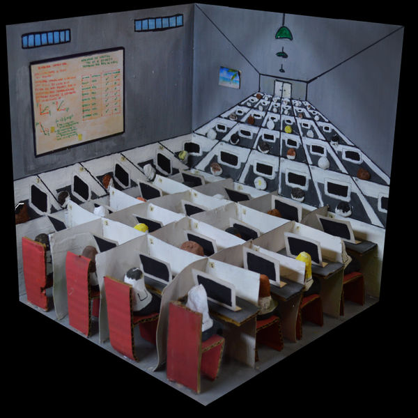 Fernanda Núñez Memoria Fabricada - Oficina, 2019 Clay, tempera, cardboard and recycled objects on MDF 25 x 25 x 25 cm