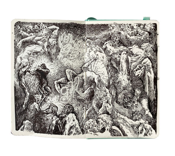 Carlos Damacio Sketchbook, 2023 Drawings with ink and watercolour interventions on sketchbook Closed: 9 x 14 x 1.8 cm Open: 13.5 x 17 cm