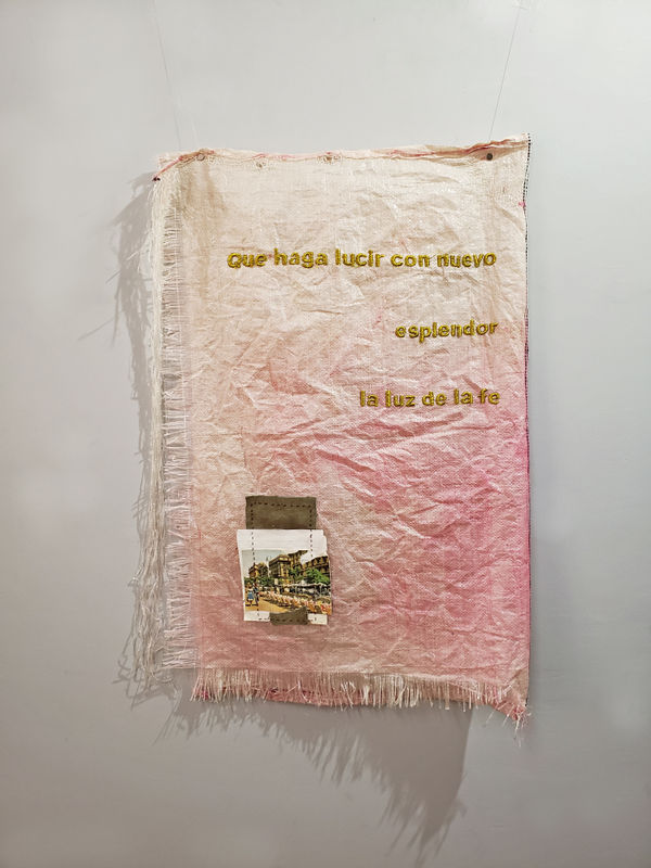 Loreto Carmona Los Valles del Paraíso, 2018-2019 Hand embroidery with golden thread and photograph on potato plastic sack 86 × 57 cm