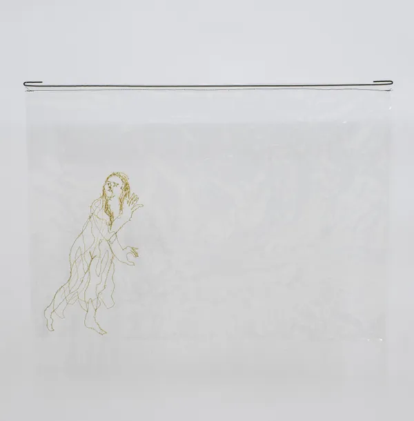 Andes Quin France Optigan I, 2024 Embroidery on transparent plastic. 41 x 57 cm