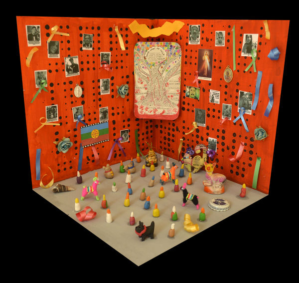 Fernanda Núñez Memoria Fabricada - Animita, 2019 Clay, tempera, cardboard and recycled objects on MDF 25 x 25 x 25 cm