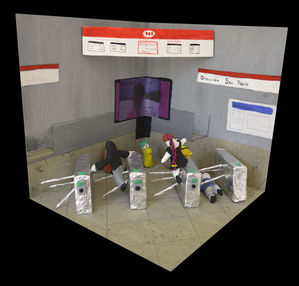 Fernanda Núñez Memoria Fabricada - Torniquetes, 2019 Clay, tempera, cardboard and recycled objects on MDF 25 x 25 x 25 cm