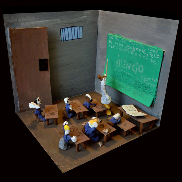 Fernanda Núñez Memoria Fabricada - Sala De Clases, 2019 Clay, tempera, cardboard and recycled objects on MDF 25 x 25 x 25 cm