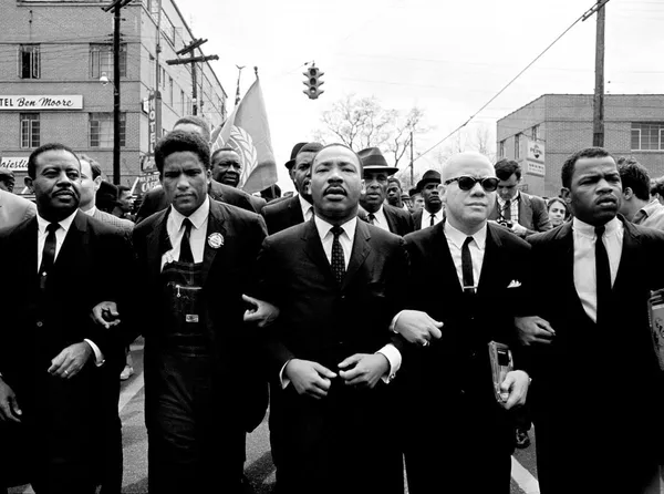 Steve Schapiro, Martin Luther King Marching for Voting Rights with John Lewis, Rev. Jesse Douglas, James Forman, and Ralph Abernathy, Selma March (B&W), 1965