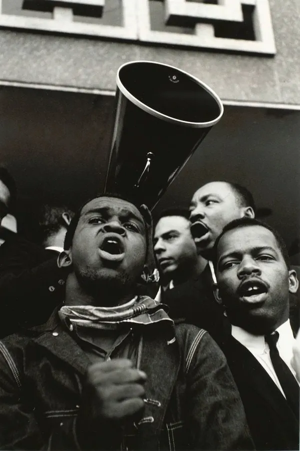 Steve Schapiro, Martin Luther King Jr. Megaphone with John Lewis and Andrew Young, 1965