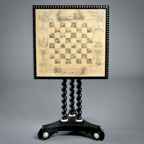 EARLY VICTORIAN TILT-TOP TABLE, DECORATED EN GRISAILLE WITH VIGNETTES OF WENTWORTH WOODHOUSE