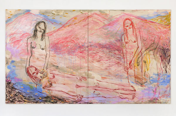 Kim Booker Rite of passage, 2023 Acrylic, spray paint and glitter on canvas in two (2) parts 160 x 280 cm