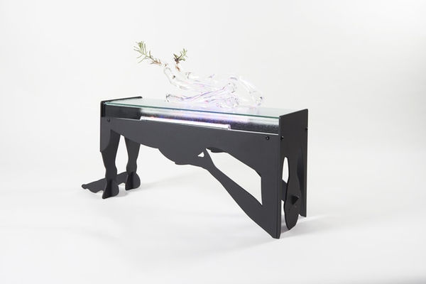 Saelia Aparicio Mother of Thousands, 2021 Powder coat iron, found object, mouth blown glass, water, mother of thousands cutting