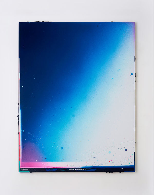 Ben Edmunds An ocean of time between your house and mine, 2023 Fabric dye and acrylic on canvas, carbon fibre frame, webbing and buckles 180 x 140 cm