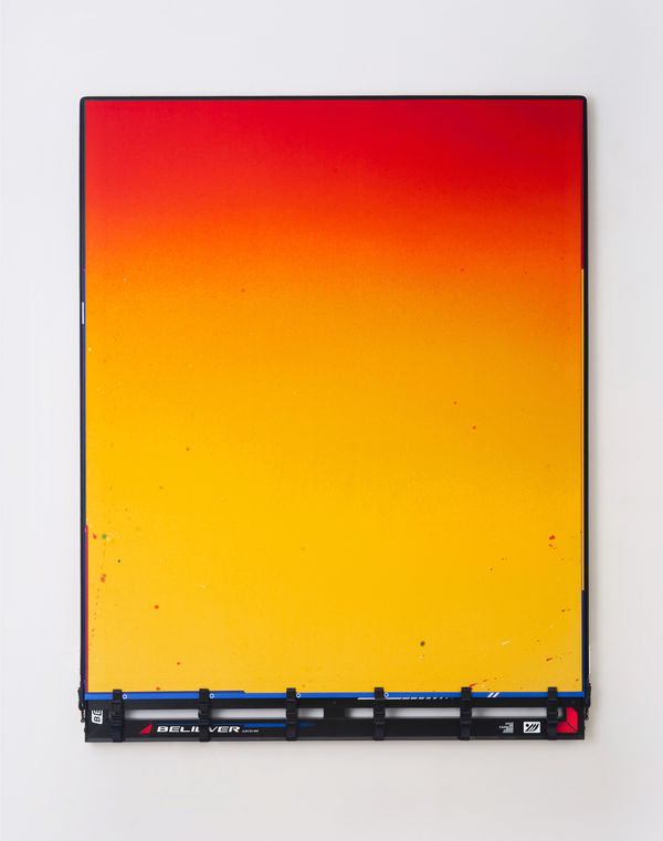 Ben Edmunds Never say never, 2023 Fabric dye and acrylic on canvas, carbon fibre frame, webbing and buckles 180 x 140 cm