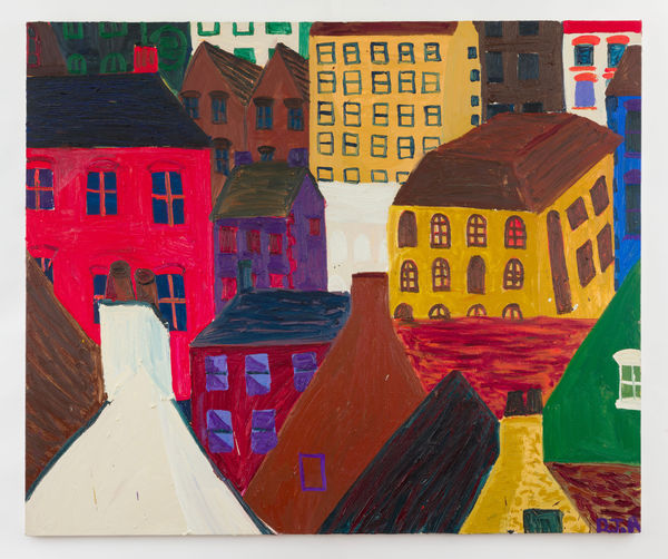 Danny Romeril Red House White Chimney Purple Window , 2023 Oil on canvas 127 x 153 cm