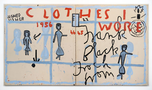 Rose Wylie Blue Girls, Clothes I Wore, 2019 Oil on canvas 183.5 x 325.5 cm