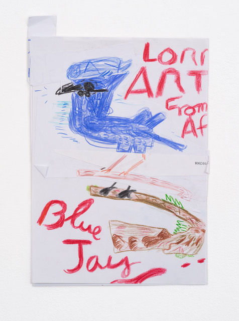 Rose Wylie Lorry Art (Blue Jay on log with grass), 2010 Coloured pencil and collage on paper 32.7 x 21.6 cm