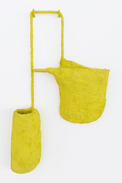 Olivia Bax Air Pocket (yellow), 2018 Steel, chicken wire, newspaper, glue, paint, plaster, and hooks 80 x 53 x 17 cm