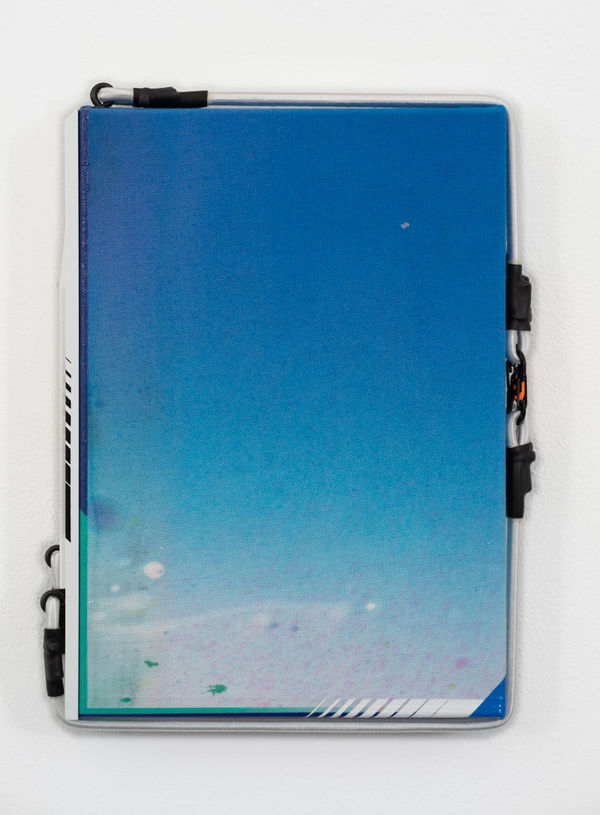 Ben Edmunds Almost Somewhere 1, 2021 Fabric dye and acrylic on canvas, artist’s frame with shock cords and carabiners 30 x 23 x 3.6 cm