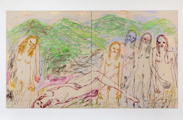 Kim Booker Settlers, 2023 Acrylic and graphite on canvas in two (2) parts 160 x 180 cm